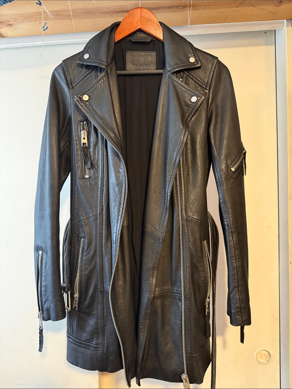 All Saints Women's Black Leather Whitmer Moto Coat with Belt - Picture 4 of 10